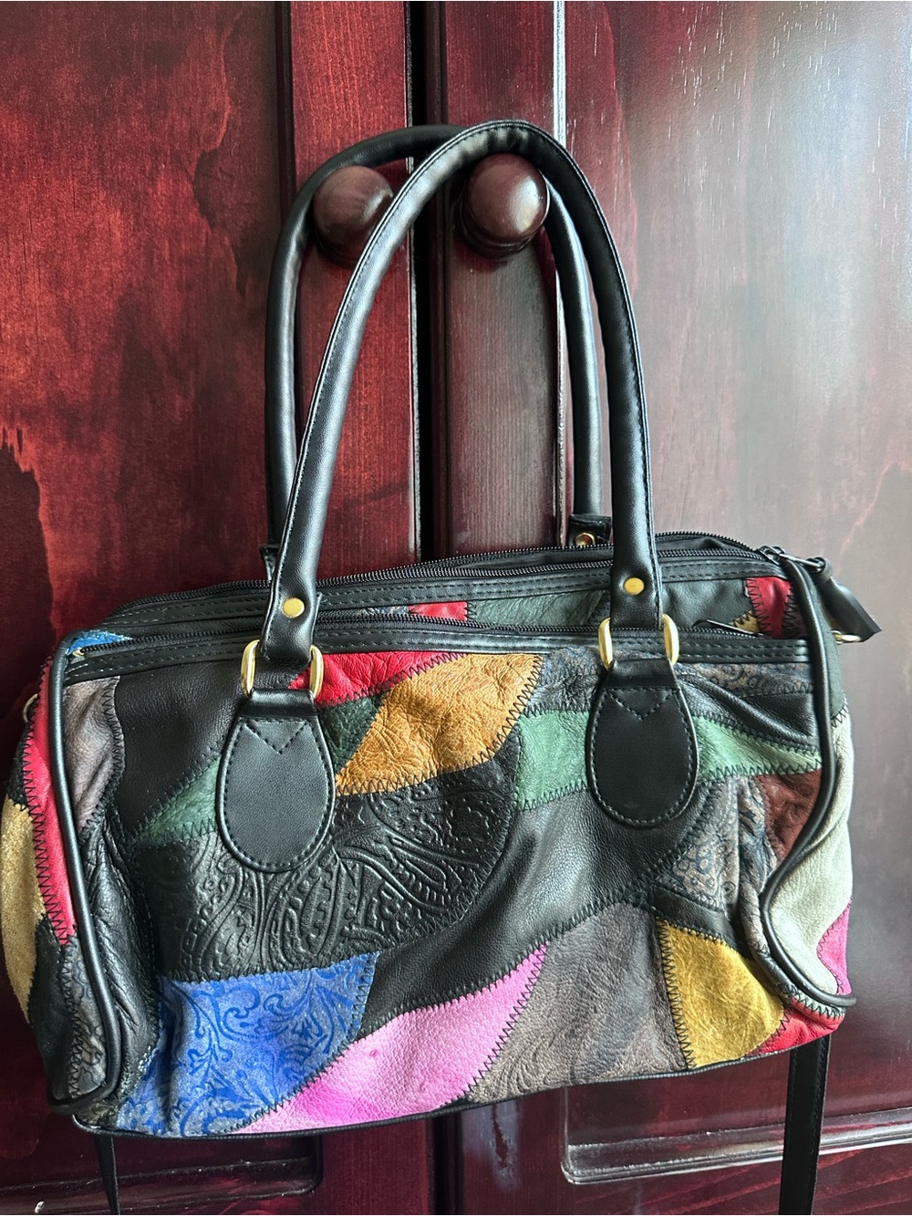 Vintage 80s 90s Multi-Color Patchwork Satchel Handbag - Black Trim